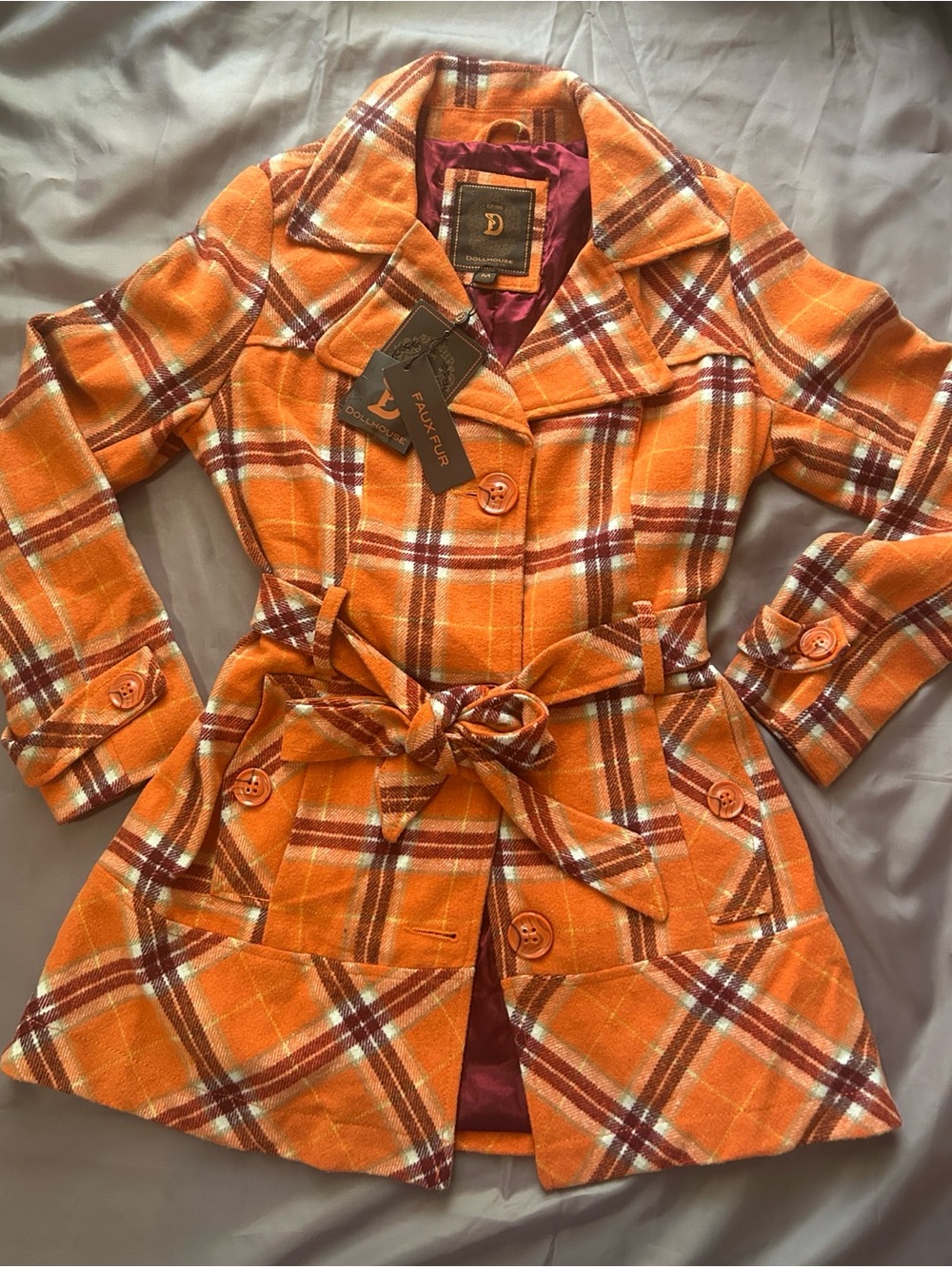 Dollhouse Orange Plaid Belted Trench